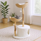 Modern Cat Tree, 46" Solid Wood Cat Condo, Cats Tree Towerwith 2 Baskets, Scratching Post, Indoor Large Cats Climbing Tower with Hiding Enclosure