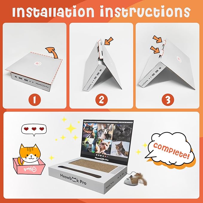 Cat Scratcher Laptop Cat Toy with 'Mouse' Jingle Ball, Stickers, 3-in-1 Cardboard Cat Interactive Toy, Kitten Cardboard Scratching Pad