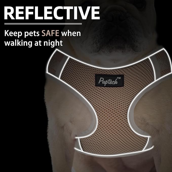 PUPTECK Small Dog Harness and Leash Set, No Pull Adjustable Puppy Cat Harness, Reflective Soft Mesh Pet Vest Small Sized, Khaki, M