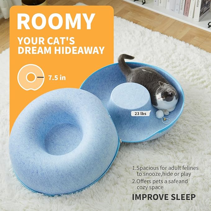Peekaboo Cat Tunnel for Large Cats up to 30 lbs, Features A Jingle Ball, Removable and Washable Tunnel Bed, and a Cozy Donut Tunnel (Blue, 24 Inches)