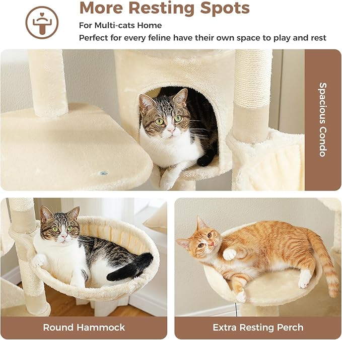 Large Cat Tree for Indoor Cats, 59" Tall Cat Tower with 3 Removable Pompom Sticks, Spacious Condo, Large Hammock and Scratching Posts, Sturdy Play House for Large Cats,Beige