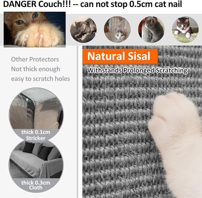 NATUYA Cat Scratch Furniture Couch Protector - Large Sisal Cat Scratching Pad Sofa Corner Arm Shield, Cat Scratcher for Sofa (All Gray, Left)