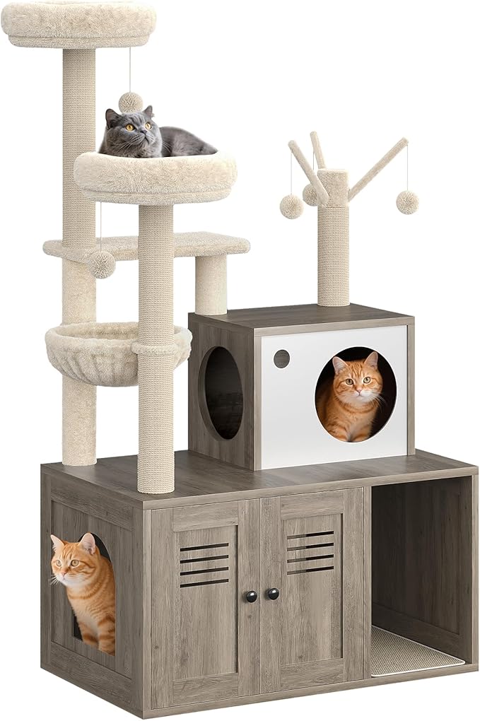 Wooden Cat Tree with Hidden Litter Box Cabinet,Scratching Posts, Teaser Sticks, Basket & Perch, Barn Door Design,Stylish Washroom Cabinet Cat Furniture for Indoor Cats,Rustic Grey