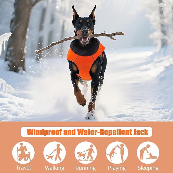 DENTRUN Winter Warm Dog Coat Reflective Jacket with Turtleneck for Cold Weather, Adjustable Buckle Windproof Water Repellent, Thick Snowsuit Fleece Vest for Small, Medium, Large Dogs, Orange, XXXL