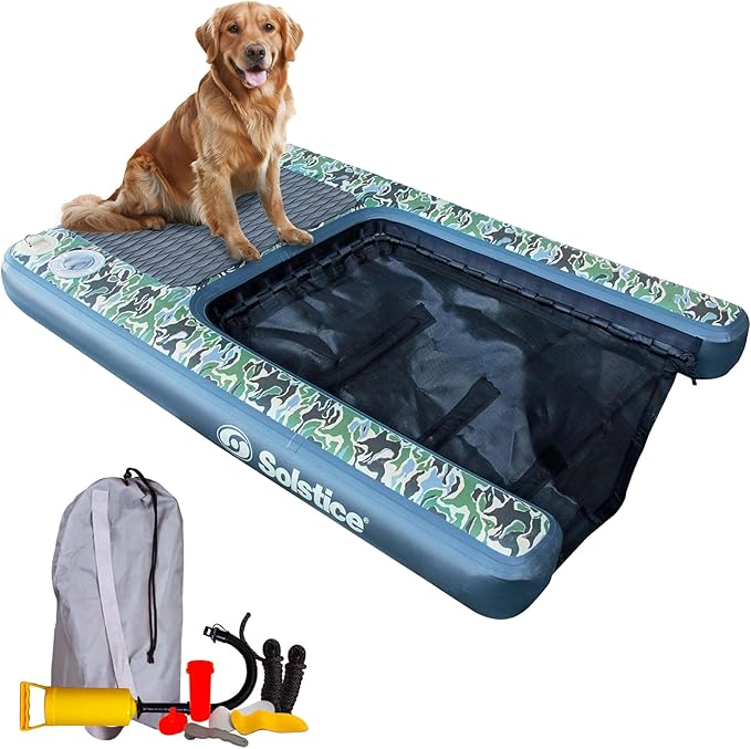 SOLSTICE Inflatable Pup Plank, Dog Water Ramp for Boats and Docks, XL Camo, 200 lb Capacity - Floating Platform for Pets for Lake, River, Beach & Swimming Pool, Includes Pump, Patent-Protected Design