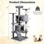 Tangkula Cat Tree Tower, 52 Inch Multi-Level Cat Tower with Sisal Scratching Posts, Cushioned Top Perch, Large Dual Condos & Ladder, 2 Hanging Balls, Jumping Platforms for Indoor Cats (Light Gray)