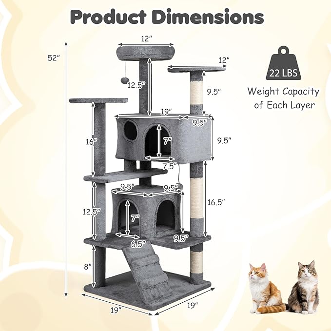 Tangkula Cat Tree Tower, 52 Inch Multi-Level Cat Tower with Sisal Scratching Posts, Cushioned Top Perch, Large Dual Condos & Ladder, 2 Hanging Balls, Jumping Platforms for Indoor Cats (Light Gray)