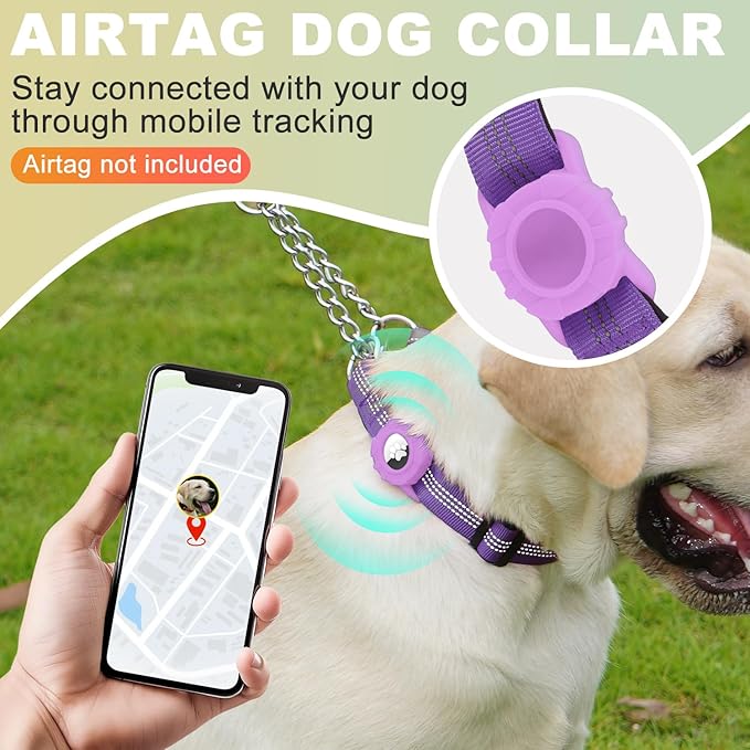 Cymiler Martingale Dog Collar with AirTag Holder, Reflective Nylon Training Collar, Stainless Steel Chain, Heavy Duty Buckle, Limited Slip Collars for Small Medium Large Dogs (Purple, X-Large)