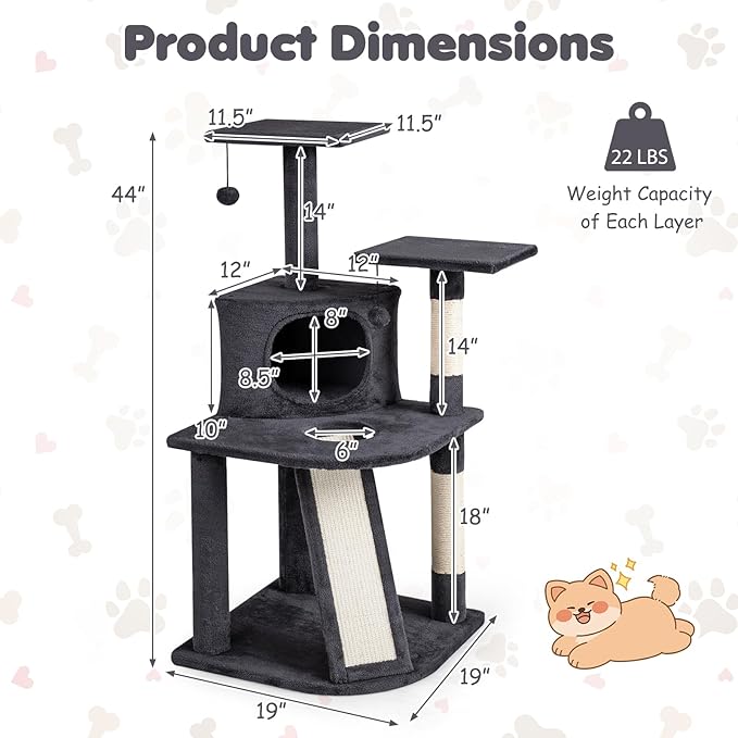 Tangkula Corner Cat Tree, Multi-Level Cat Tower with Top Perches & Cozy Condo, Natural Sisal Scratching Posts & Climbing Ladder, Playful Cat Hole & Hanging Balls, Climbing Play Center (Dark Gray)