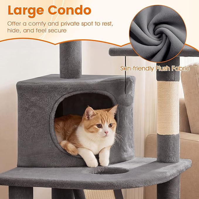 PETSITE 44-inch Multi-Level Cat Tree, Modern Cat Tower with Sisal Scratching Posts, Cozy Condo, Playful Cat Hole, Sisal Covered Ladder, and Dangling Ball, Ideal for Indoor Cats and Kittens (Grey)