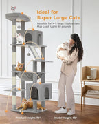 71" Tall Cat Tree for Large Cat 20 lbs with Super Large Hammock, Heavy Duty Cat Tower with 4 Sisal Scratching Posts & 2 Spacious Condos for Big Adult Cats Maine Coon-Grey