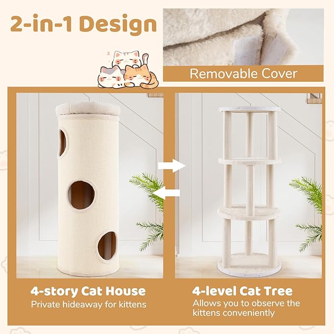 PETSITE 4-Story Cat Tree Condo, 49 Inch Multi-Level Barrel-Shaped Cat House with Sisal Scratching Pad, 3 Hideaways, Removable Soft Top Plush Bed, Ideal for Indoor Cats