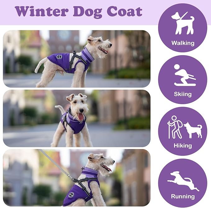 Winter Coat, Waterproof Jacket, Warm Fleece Vest With Built-in Harness, Windproof Turtleneck, Reflective Snow Jacket Snowsuit for Small Medium Large Dogs, Purple XL