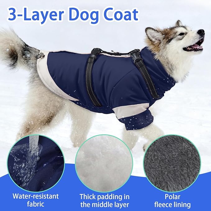 MIGOHI Waterproof Dog Coat with Harness Adjustable Dog Jacket Pet Winter Coat with Zipper,Christmas Small Fleece Jacket for Small Dogs,Extra Long Sleeves Warm Winter Snowsuit for Dogs,M,NavyBlue