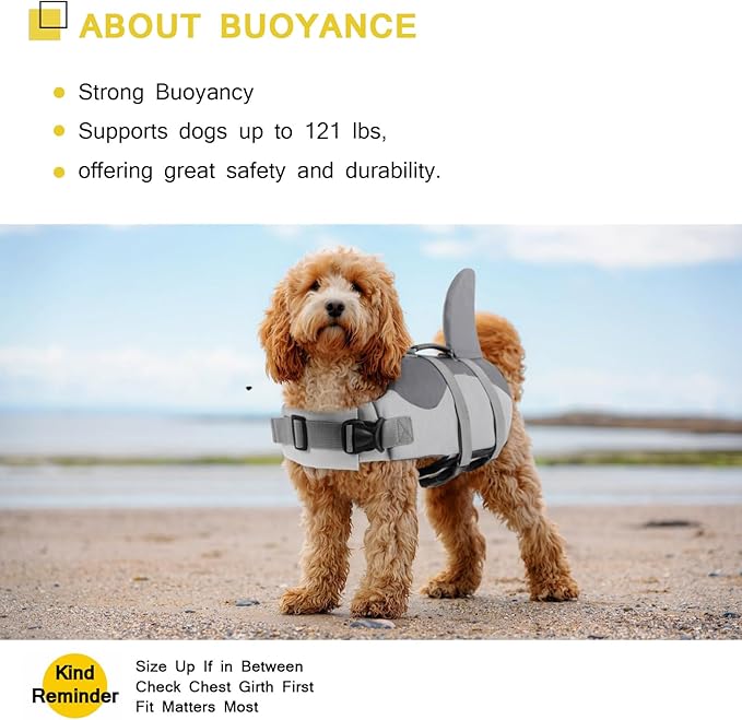 ASENKU Dog Life Jacket - Pet Safety Vest for Swimming & Boating, Shark Life Jacket with Floatation, Dog Lifesavers Swimsuits for Small Medium Large Dogs (Grey, XL)