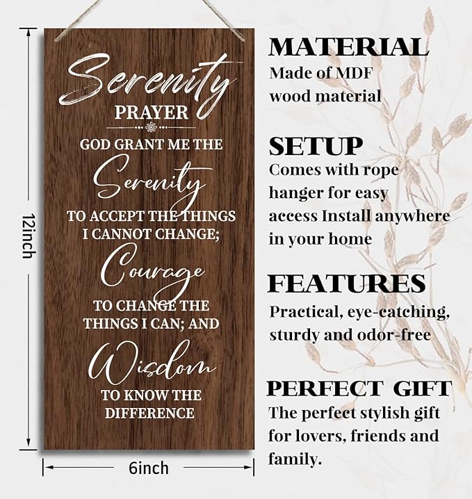 Serenity Prayer Wooden Decor Sign, God Grant Me The Serenity Wall Decor Sign, Hanging Printed Wooden Plaque Decor, Rustic Family Signs for Home Decor, Christian Gift 12x 6inch