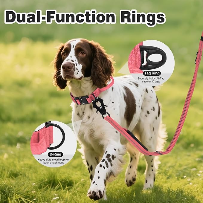 Joytale Tactical Dog Collar for Medium Dogs with Control Handle, Heavy Duty Military Training Collar for Power Breeds, AirTag Holder Case, Quick Release Metal Buckle, Soft Padded, M, Pink