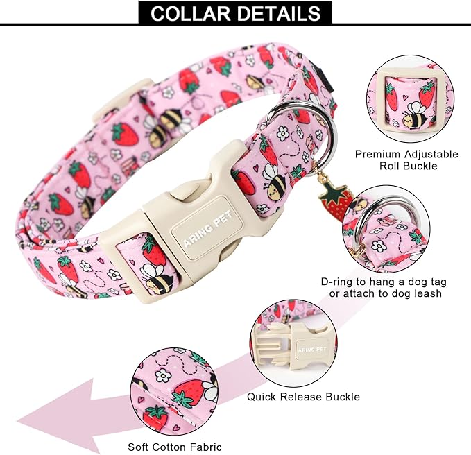 ARING PET Summer Dog Collar-Cute Pink Dog Collar for Small Dogs, Adjustable Strawberry Bees Print Pet Collars Puppy Collar for Small Medium Large Dogs