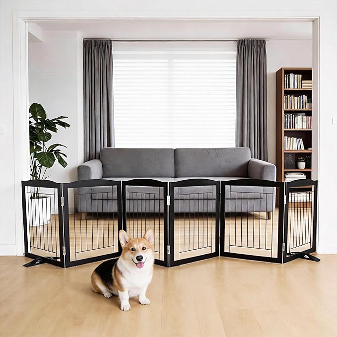 Dog Fence Indoor,Dog Gate Indoor for Doorway pet gate -6-Panel Freestanding, Hallways, House or Stairs -120x24-Inch Retractable Foldable Expandable Wood Pet by SFJC (Black) ﻿