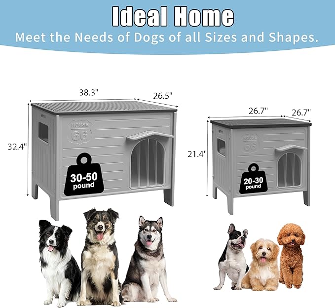 Durable Waterproof Plastic Dog House for Outdoor Indoor,Outside Dog House with Side Window Elevated Floor, Easy to Assemble Easy to Clean