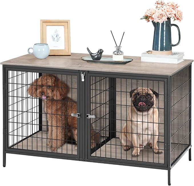 Dog Crate Furniture for 2 Dogs, 43.3" Dog Kennel with Removable Divider, Heavy Sturdy Dog Furniture Style Double Cage for Small Medium Dog, Indoor Pet House End Table, Greige DCHG1201