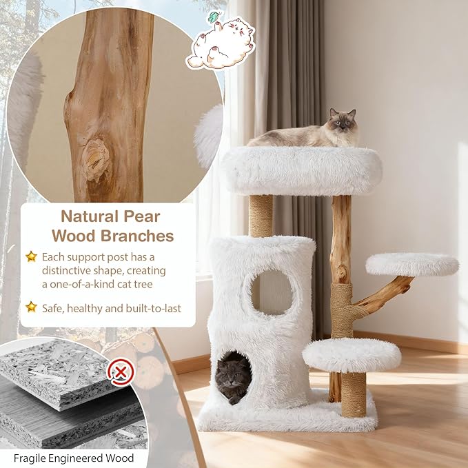 PETSITE 30.5 Inches Wooden Cat Tree, Multi-Level Modern Cat Tree with Scratching Posts, 2-Layer Condo, Long Plush Covered Soft Top Perch, and Various Jumping Platforms, Ideal for Indoor Cats