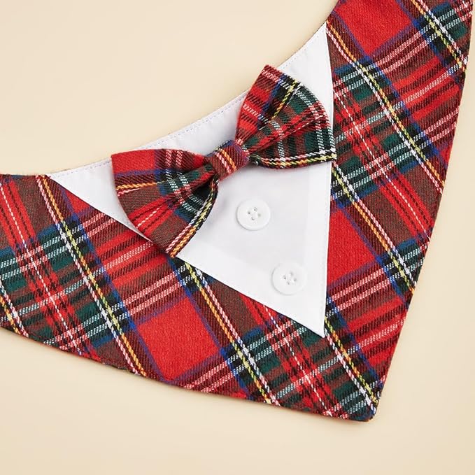 Adjustable Red Plaid Christmas Dog Tuxedo Bandana with Bow Tie - Holiday Pet Outfit Costume for Dogs XS to XL