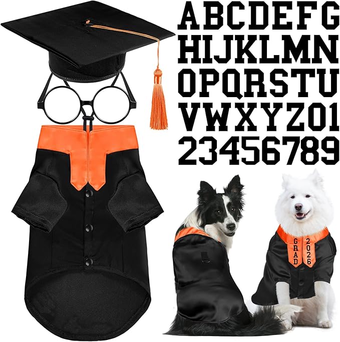 5 Pcs Dog Graduation Costume Set Include 2026 Pet Graduation Gown with Stole Puppy Grad Cap Lensless Glasses DIY Letter Stickers for Dogs Cats Holiday Costume Accessory(Black Orange,XL)