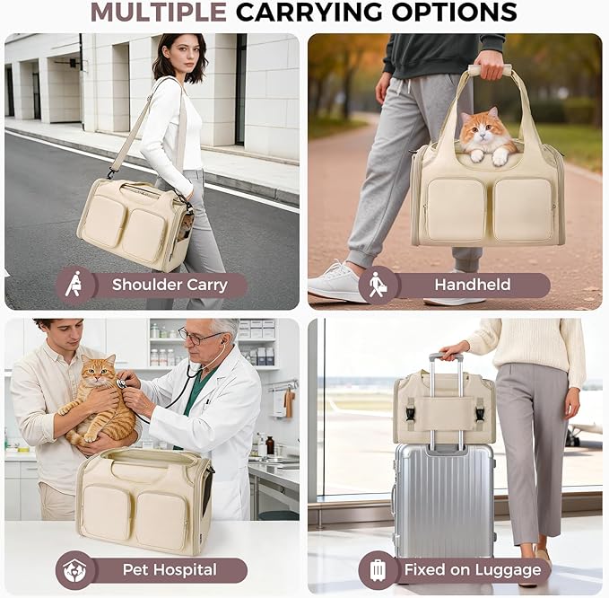 Dog, Cat Carrier for Pets Up to 12 Lbs, Airline Approved Collapsible Soft-Sided Pet Travel Bag with Locking Zippers, Breathable Mesh and 4 Large Pockets, Removable Fleece Pad (Beige)