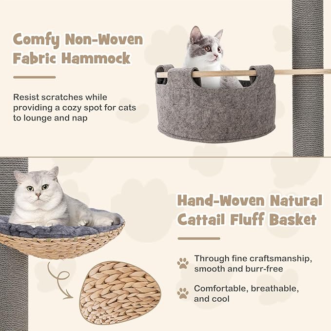 PETSITE Floor to Ceiling Cat Tree with 93”-107” Adjustable Height, 5-Tier Wooden Cat Climbing Pole with Scratching Post, Cozy Hammock and Basket Bed, Floor to Ceiling Cat Tower
