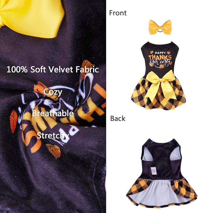 CuteBone Happy Thanksgiving Day Dog Fall Dress Costume Velvet for Small Dogs Girl Puppy Dresses Yellow Plaid Dog Clothes CVA03XXS-D