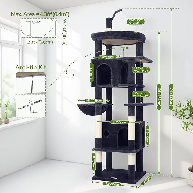 Globlazer Cat Tree for Indoor Cats Large Adult, 74in Tall Cat Tower with Scratching Post, Heavy Duty Cat Tree Tower with 2 Spacious Caves, Oversized Top Perch, Big Hanging Basket, F74B, Dark Grey