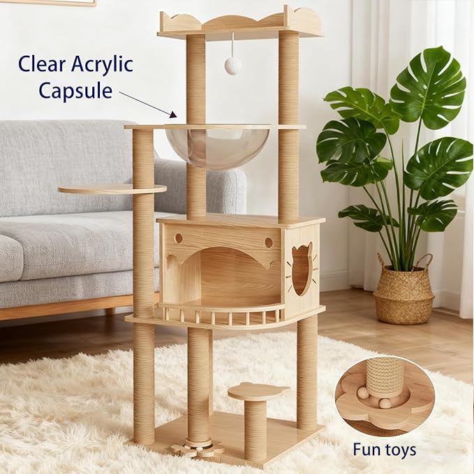 KVIDA Solid Pine Wood Cat Tree for Indoor Cats, 56.7” Tall Modern Cat Tower with Clear Acrylic Hammock & Condo House, Heavy Duty Wooden Cat Tree for Large Cats with Sisal Scratching Posts