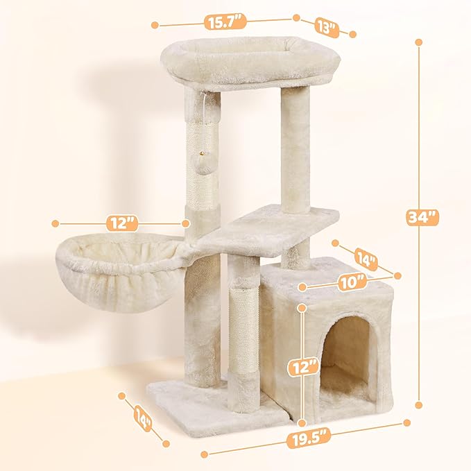 Yaheetech Cat Tree, Multi Level Climbing Tower for Indoor Cats, Pet Activity Center Scratching Post Indoor Furniture Bed with Basket for Kittens, Beige