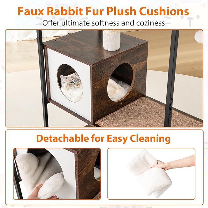 PETSITE 52 Inch Modern Cat Tree with 2 Cat Condos, Multi-Level Cat Tower with Sisal Scratching Posts, Dangling Balls, Removable Soft Cushion and Scratching Pads, Space Capsule, and Anti-Tipping Kits