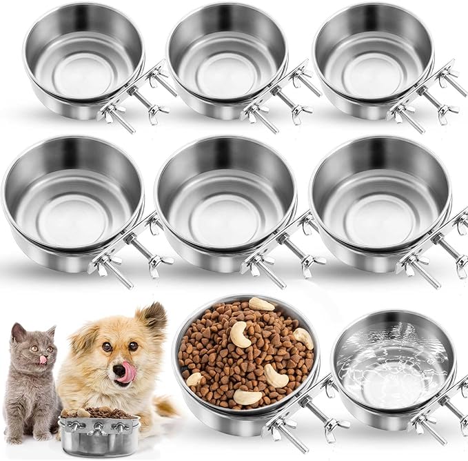 Zubebe Stainless Steel Hanging Dog Crate Bowls, Non-Spill Kennel Food Water Bowls with Screw Clamp Attach Holders, Removable Mountable Metal Cage Feeder for Pet(41 Oz,19 oz)