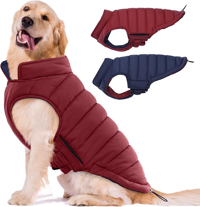 Lelepet Reversible Dog Coat Waterproof Dog Jacket Windproof Puffer Vest for Winter Warm Lightweight Coats for Large Dogs Adjustbale Hook & Loop Pet Apparel with Leash Hole, Pitbull, Wine Red, XL