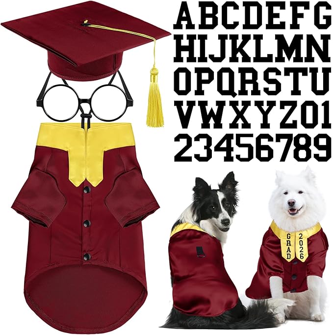 5 Pcs Dog Graduation Costume Set Include 2026 Pet Graduation Gown with Stole Puppy Grad Cap Lensless Glasses DIY Letter Stickers for Dogs Cats Holiday Costume Accessory(Maroon Yellow,XL)