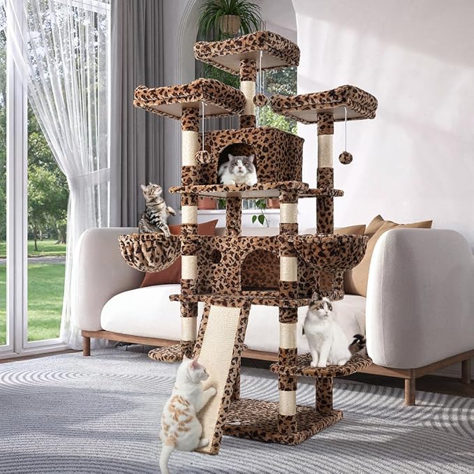 WEEWAY 68 Inches Multi-Level Large Cat Tree for Feline‌/Big Tower/Condo/Cozy Plush Kitty Perches/Fluffy Balls/Sisal Scratching Posts and Hammocks/Cave/Furniture Activity Center/Leopard Print