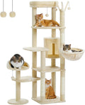 59" Cat Tree, Cat Tower for Large Cats, Multi-Level Cat Tower with 3 Removable Pompom Sticks, Cat Tree for Indoor Cats, Cat Condo with Large Hammock, Scratching Post, and 2 Perches, Beige