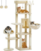 59" Cat Tree, Cat Tower for Large Cats, Multi-Level Cat Tower with 3 Removable Pompom Sticks, Cat Tree for Indoor Cats, Cat Condo with Large Hammock, Scratching Post, and 2 Perches, Beige