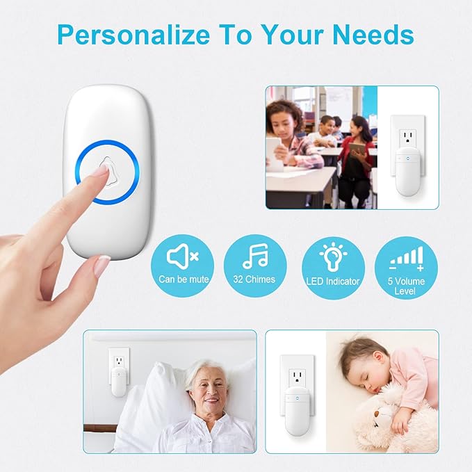 SECRUI Wireless Doorbell with 2 Buttons – Doorbell Kits for Front Door Back Door– Battery Operated Doorbell with 52 Chimes, LED Flash, 5 Volume Levels – Waterproof Modern Doorbell – Over 1000FT