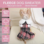 Dog Sweater with Leash Set D Ring Plaid Fleece Dog Clothes for Small Dogs Girl Boy Winter Puppy Dress Cold Weather Coat Fall XXS Sweater for Chihuahua Yorkie Cat Doggy Costumes, Pink, S