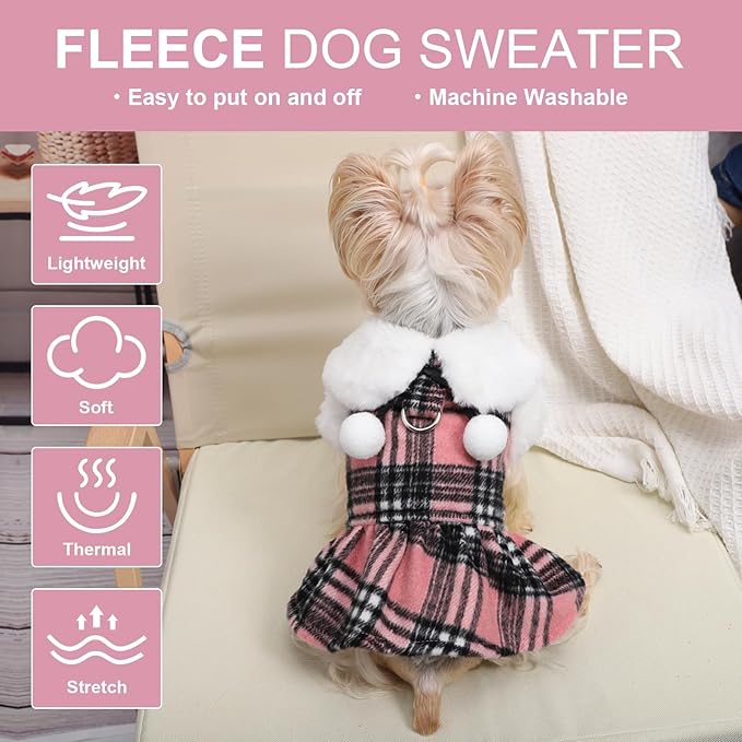 Dog Sweater with Leash Set D Ring Plaid Fleece Dog Clothes for Small Dogs Girl Boy Winter Puppy Dress Cold Weather Coat Fall XXS Sweater for Chihuahua Yorkie Cat Doggy Costumes, Pink, XXS