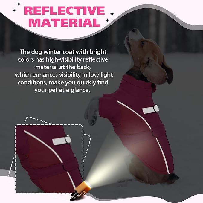 ROZKITCH Dog Winter Coat, Dog Coat for Autumn Winter with Turtleneck, Pet Clothes with Adjustable Waist Strap, Soft Warm Pet Clothing with Reflective Strip for Small Medium Large Dogs Rose Red M