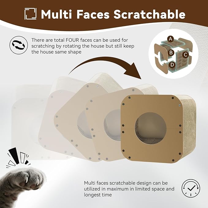 Cat Scratcher House, Cozy Cardboard Design, Safe and Secure for Kittens, Eco-Friendly,Plain Board (Square)