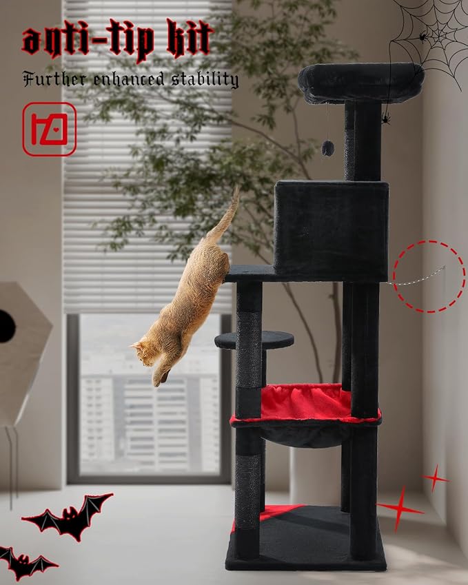 PEQULTI Cat Tree for Large Cats with Metal Frame Big Hammock, Cat Tower for Indoor Cats with 2 Door Condo House, [56.3"=143cm] Multi-Level Cat Shelves with Scratching Posts and Top Perch, Black