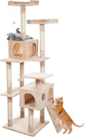 Cat Tree - 5.5-Foot Cat Tower for Indoor Cats with Perches, 2 Condos, 9 Cat Scratching Posts, 2 Hanging Toys, and 2-Step Ladder by PETMAKER (Beige)