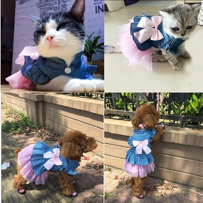 ANIAC Pet Denim Dress with Cute Bow-Knot Comfy Vest Skirt Lace Trim Tutu Summer Spring Clothes for Cats and Small Dogs (Small)