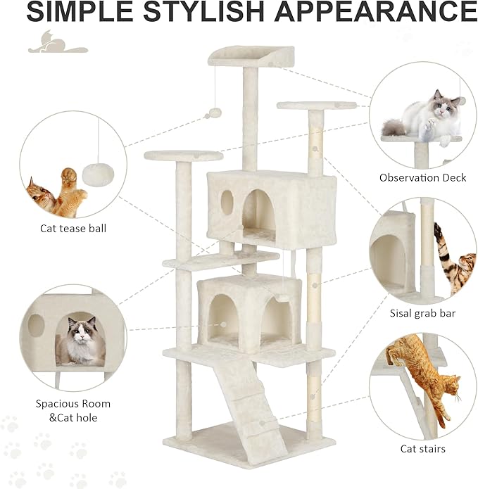 62" Multi-Level Cat Tree Tower with Scratching Posts, Toys & Condo,Compact Floor Footprint & Vertical Space for Multi-Cat HomesSpace-Saving Design for Indoor Kittens-Beige
